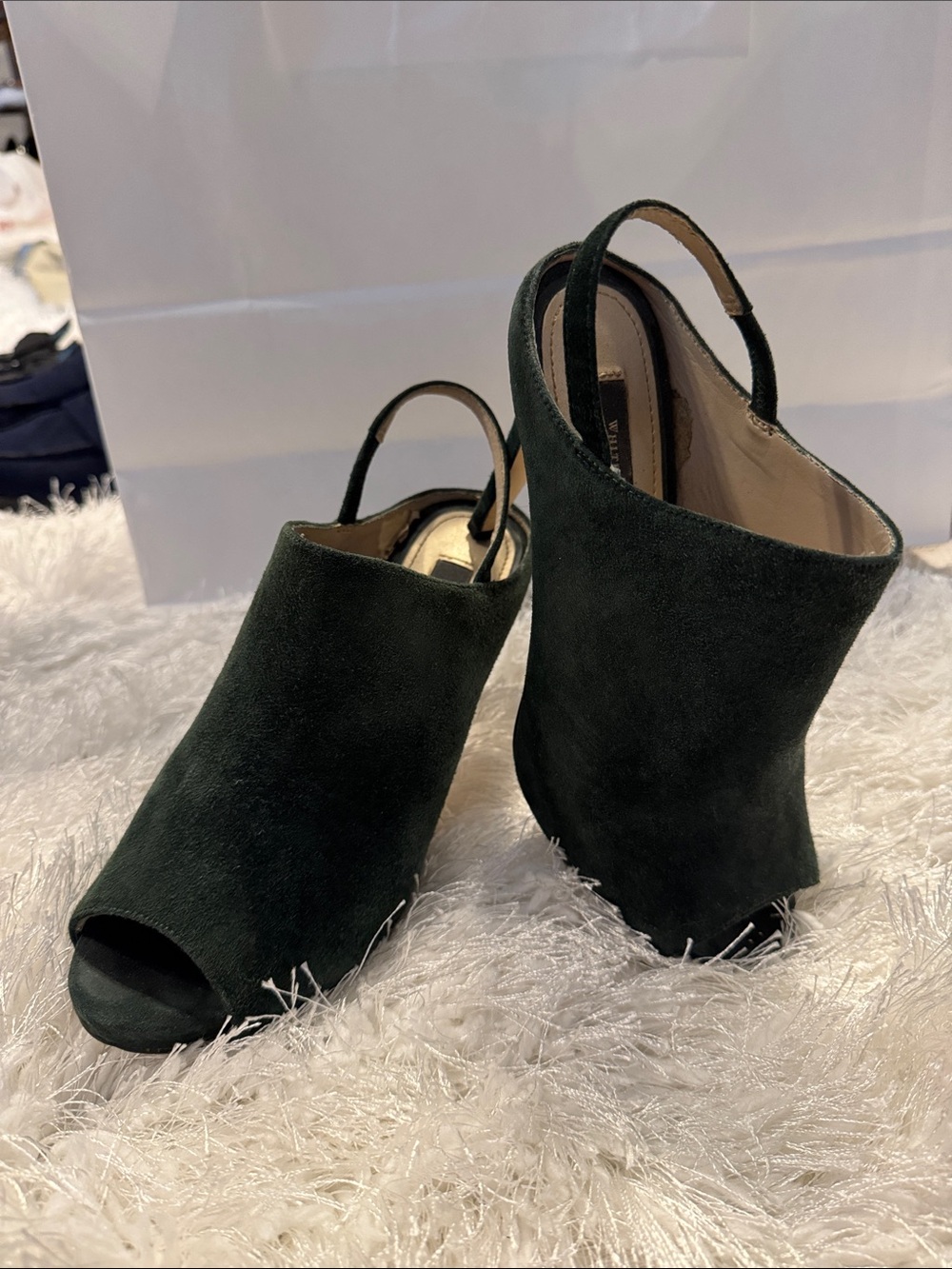 White house Black Market Dark Green Suede Peep-Toe Slingback heel